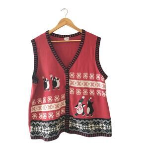 Women's V-Neck Winter Themed Sweater Vest Extra Large Red Snowflakes Holiday
